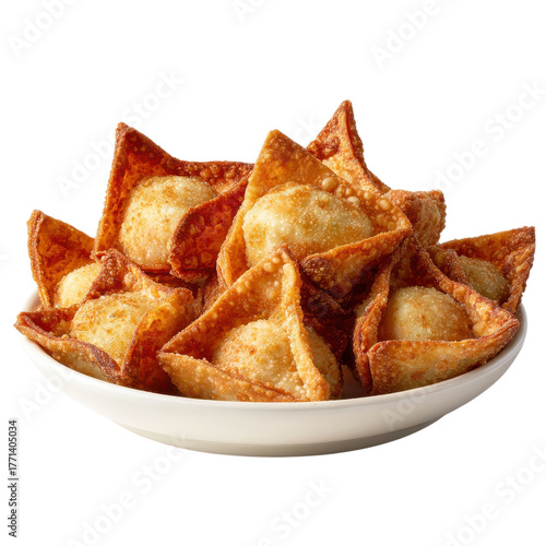 Fototapeta Naklejka Na Ścianę i Meble -  A bowl of golden brown fried wontons filled with savory ingredients sits ready to be enjoyed