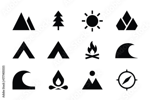 Outdoor Adventure and Nature Icons Set on White Background Keywords: nature, outdoor, adventure