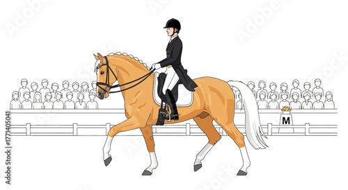 Elegant Dressage Rider and Horse Performing Intricate Maneuvers in a Structured Competition Arena with Spectators Observing