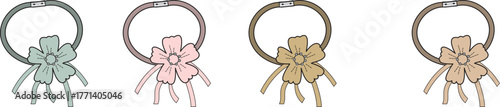 A charming collection of four illustrated hair ties with ribbon bows, representing a cute and playful fashion accessory concept for hair styling