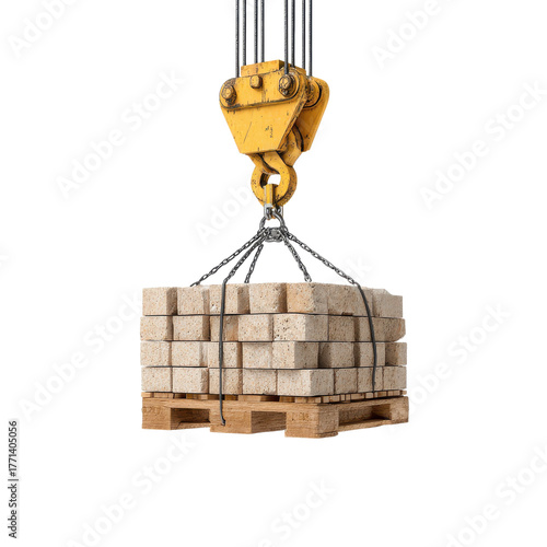 A crane lifts a pallet of stacked bricks at a construction site, showcasing the heavy material handling process