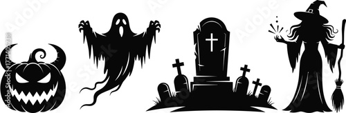 Halloween silhouette set featuring spooky ghost, evil pumpkin, witch with broomstick, graveyard tombstones, magical orb, flat vector illustration
