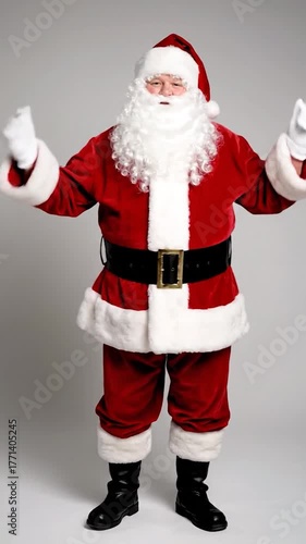 A man in a red and white suit with a long white beard and a red hat, dressed as a jolly icon