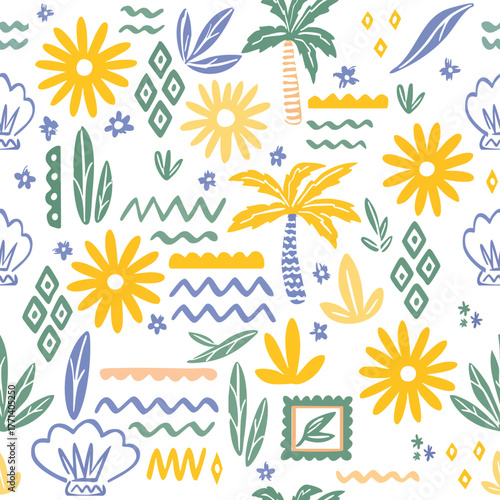 Escape with this playful, hand-drawn pattern. Cute doodles of palm trees, sunny flowers, and seashells create a vibrant, tropical backdrop for your fun, summery projects. A true vacation vibe!