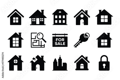 Real Estate and Property Icons Collection on White Background Keywords: real estate, property