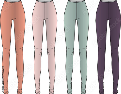 Fashion design concept showing a set of women's high-waisted leggings. Technical flat sketch template in four different colorways for apparel
