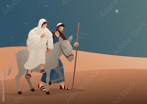 Journey to Bethlehem, Mary and Joseph Traveling with Donkey under Starry Night, Nativity Scene Vector Illustration