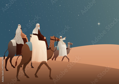 Three Wise Men Following the Star of Bethlehem, Christmas Nativity Journey Vector Illustration
