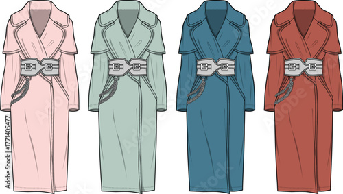 Fashion illustration of women's trench coats. A collection of stylish belted outerwear in varied colors for modern apparel design and seasonal wardrobes