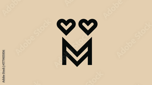 Minimalist abstract letter M design with two heart eyes, symbolizing love and emotion. Simple graphic icon on a neutral beige background.