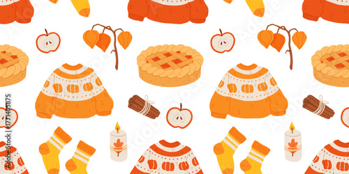 Cozy autumn hygge seamless pattern, warm fall vector illustration with pumpkin pie, sweater, tea pot, candle, cinnamon, apples, yarn, honey and pumpkin, cute cozy home decor fall season design