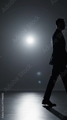 Silhouette of a man in a suit, side-view, illuminated by bright light