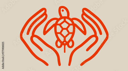 Minimalist line art illustration of human hands protecting a baby sea turtle, symbolizing marine life conservation and environmental care.