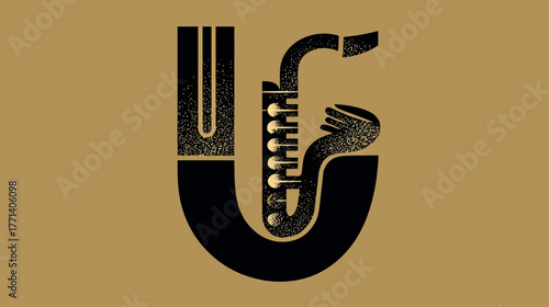 Art Deco Saxophone and Stylized Letter U Graphic Design. Vintage Jazz Music Symbol, Retro Alphabet Icon with Texture