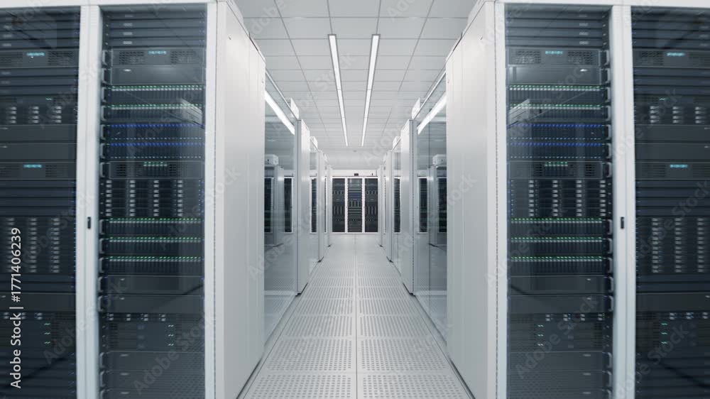 Moving Through Large Advanced Data Center with White Server Racks ...