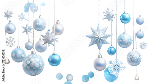 3d illustration of a collection of delicate blue and white christmas ornaments and snowflakes hanging and isolated on a transparent background