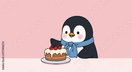 Cartoon penguin wearing a scarf reaches for a cake topped with strawberries against a pink background.