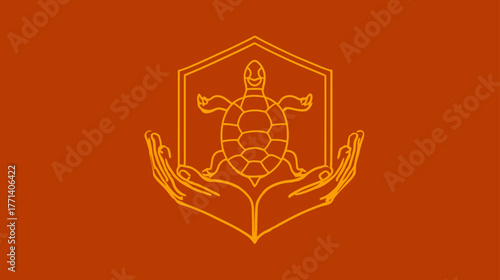Stylized outline vector illustration of a turtle gently held by human hands within a hexagon, symbolizing animal protection and conservation.