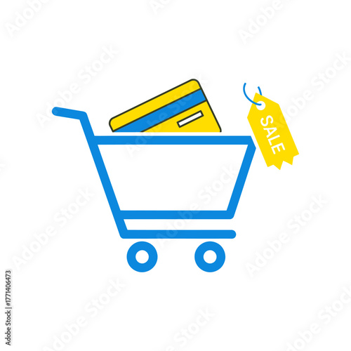 Shopping cart holding credit card with sale tag representing online shopping and ecommerce on white backdrop, conveying convenience and consumerism.