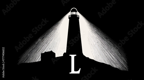 Striking lighthouse silhouette casting bright beams of light on a dark night, with a prominent letter L illustration.