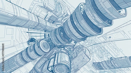 Fototapeta Naklejka Na Ścianę i Meble -  Futuristic blueprint design showing detailed interiors and architecture perfect for sci-fi projects or visualizing complex infrastructure concepts