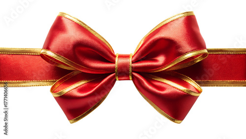 3d illustration of a shiny red ribbon bow with gold trim, isolated on transparent background, perfect for gift wrapping and holiday decorations