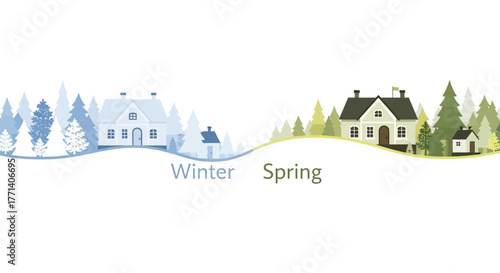 Winter and Spring Landscape Featuring Houses and Trees