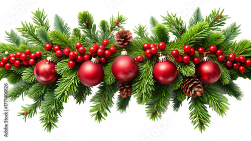 3d illustration of christmas decoration featuring red ornaments, pine cones, and red berries on fir branches, isolated on transparent background