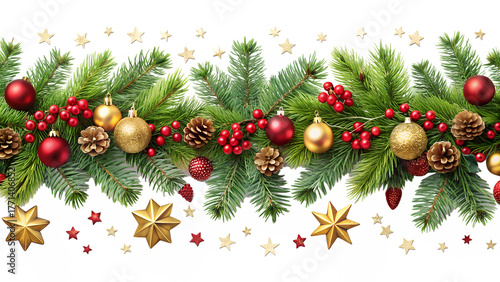 3d illustration of seamless border of christmas garland with ornaments, pine cones, red berries, and fir branches, isolated on transparent background