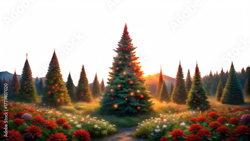3d illustration of a majestic christmas tree stands in a field of flowers at sunrise, surrounded by a forest and mountains isolated on transparent background