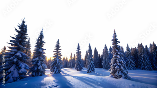 3d illustration of snowcovered pine trees in a forest during a bright winter sunset, casting long shadows on the snowy ground isolated on transparent background
