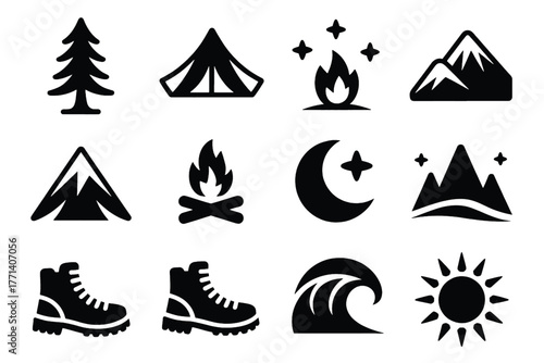 Camping and Nature Icons Set Black Silhouettes on White (37