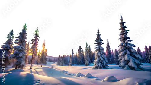 3d illustration of winter forest landscape with snowcovered pine trees and sunbeams filtering through the branches, creating a magical and serene atmosphere isolated on transparent background