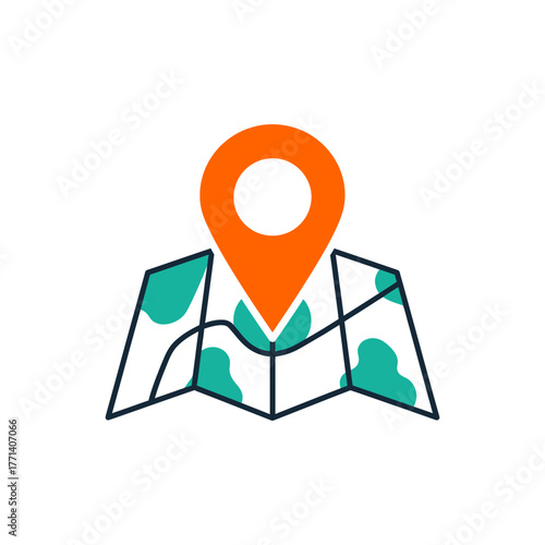 Orange pin marks location on folded map, indicating travel destination and navigation for journey or trip, creating sense of adventure.