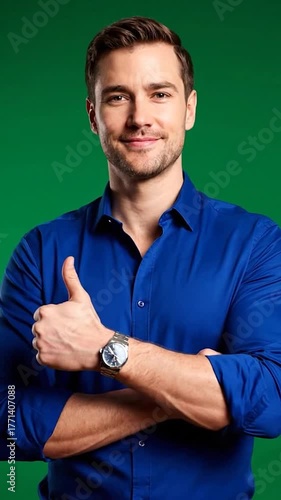 Man in blue shirt with thumbs up on green backdrop