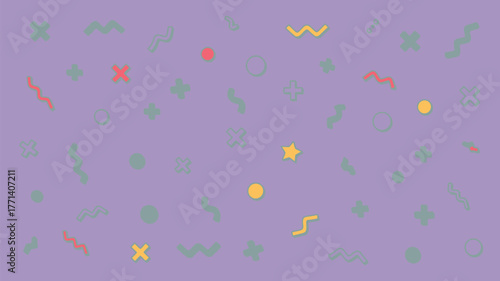 A purple background with different shapes and colors scattered across the entire surface area evenly
