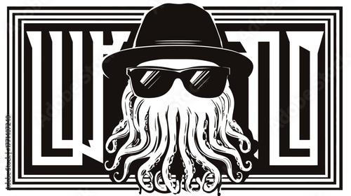 Mysterious octopus head illustration with fedora hat and sunglasses. Hipster style black and white vector art with a unique geometric background.