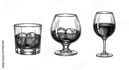Vintage engraving-style illustration featuring a selection of alcoholic drinks, including whiskey on the rocks, brandy with ice, and a glass of red wine.