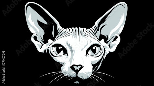 Striking black and white vector illustration of a hairless cat's head. Detailed pet portrait with big ears and expressive eyes.