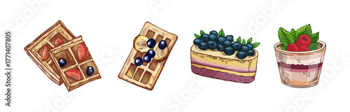 Hand drawn vintage sketch of waffles with berries and banana slices in color and monochrome version