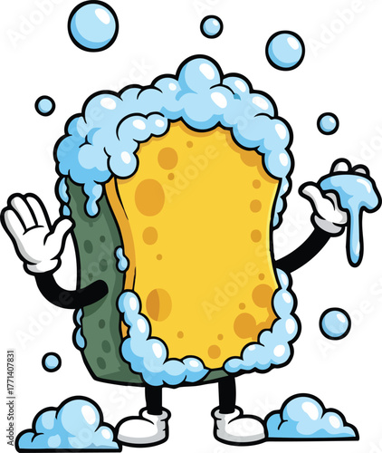 Animated anthropomorphic yellow sponge with black arms and legs covered in blue soap bubbles cleaning itself with suds and water droplets isolated on white background