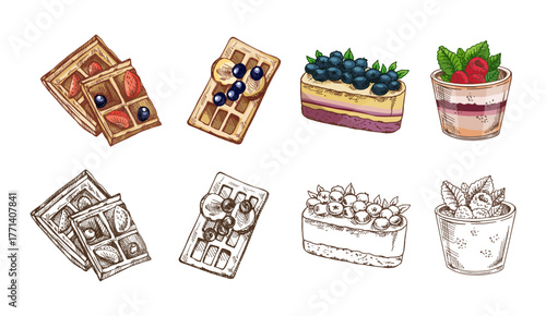 Hand drawn vintage sketch of waffles with berries and banana slices in color and monochrome version