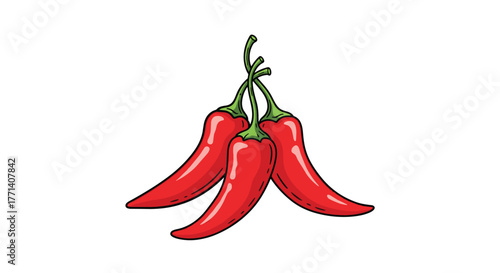 Three vibrant red chili peppers with green stems, illustrated together on a clean white background, symbolizing spice and flavor.