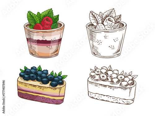 A hand-drawn vector sketch of yogurt with raspberries and mint. Yogurt cup isolated on a white background. Vintage illustration of fruit parfait. Berry dessert.