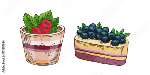 A hand-drawn vector sketch of yogurt with raspberries and mint. Yogurt cup isolated on a white background. Vintage illustration of fruit parfait. Berry dessert.