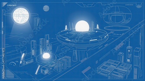 Fototapeta Naklejka Na Ścianę i Meble -  Explore a futuristic lunar colony blueprint featuring cutting-edge architecture and space station design for innovative technology and visionary planning concepts