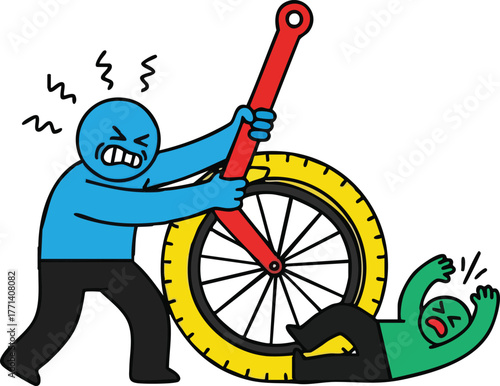 Blue character struggling with red tool against yellow tire with green character underneath in distress