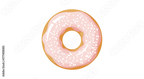 An inviting, perfectly round pink-glazed donut with numerous white sprinkles sits cheerfully on a pure white backdrop.