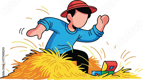 Boy In Red Hat And Blue Shirt Playing With Blocks In Haystack With Soft Lighting