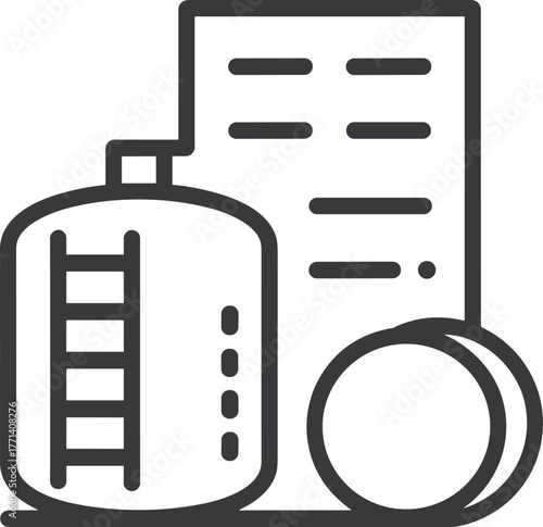 Minimalist line art icon of industrial water treatment plant, modern purification system symbol, clean technology outline vector design